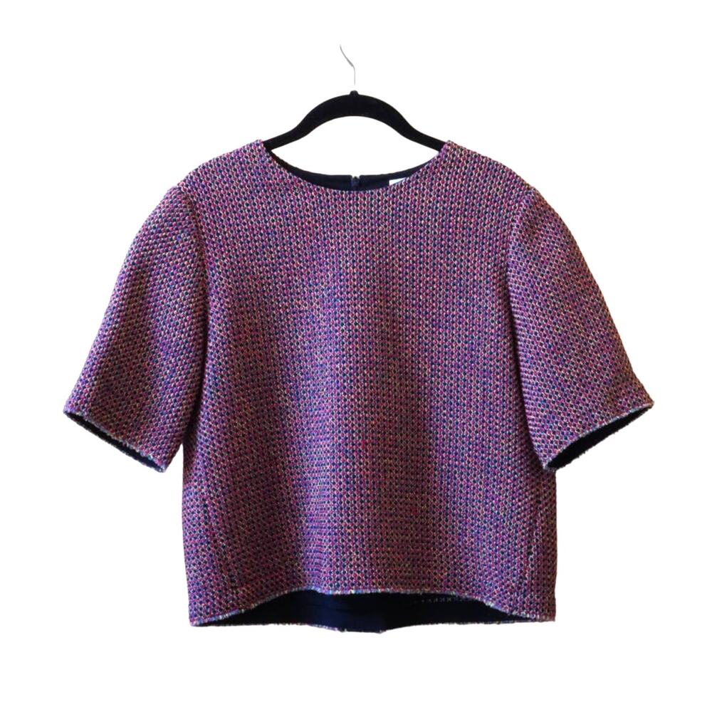 Sandro Crochet Tweed Boxy Cropped Short Sleeve Blouse Zip Top Size 2 Medium